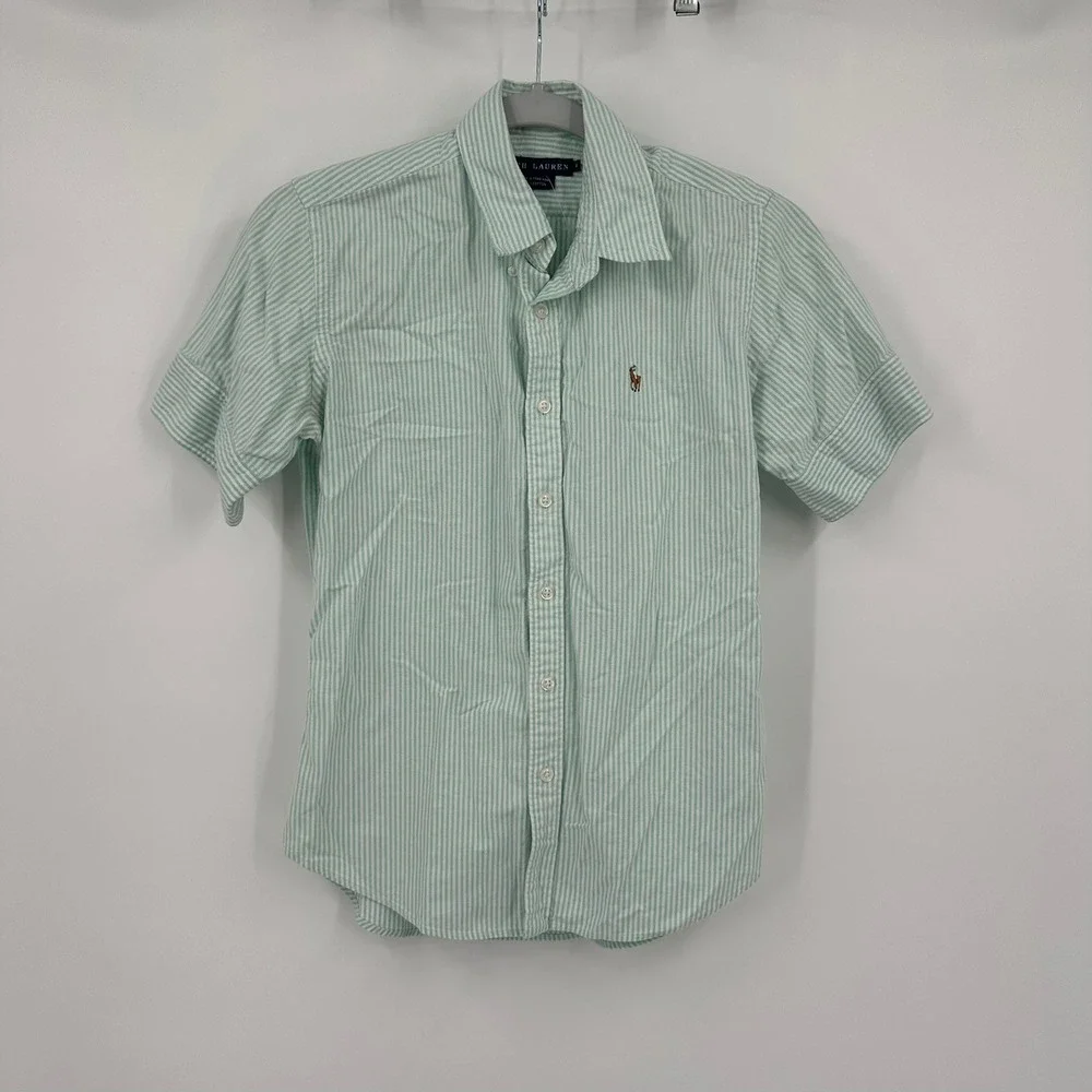 Ralph Lauren Kid Prepppy Green White Striped Short Sleeve Button Down Shirt Sz 4